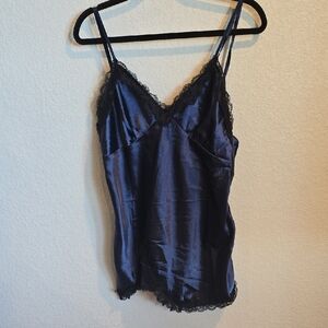 ​Navy Blue Satin & Lace Trim Chemise Nightgown - Large